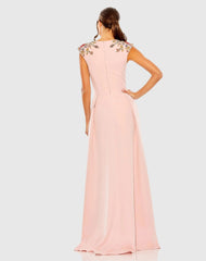 Pink Beaded Cap Sleeve V Neck A Line Gown