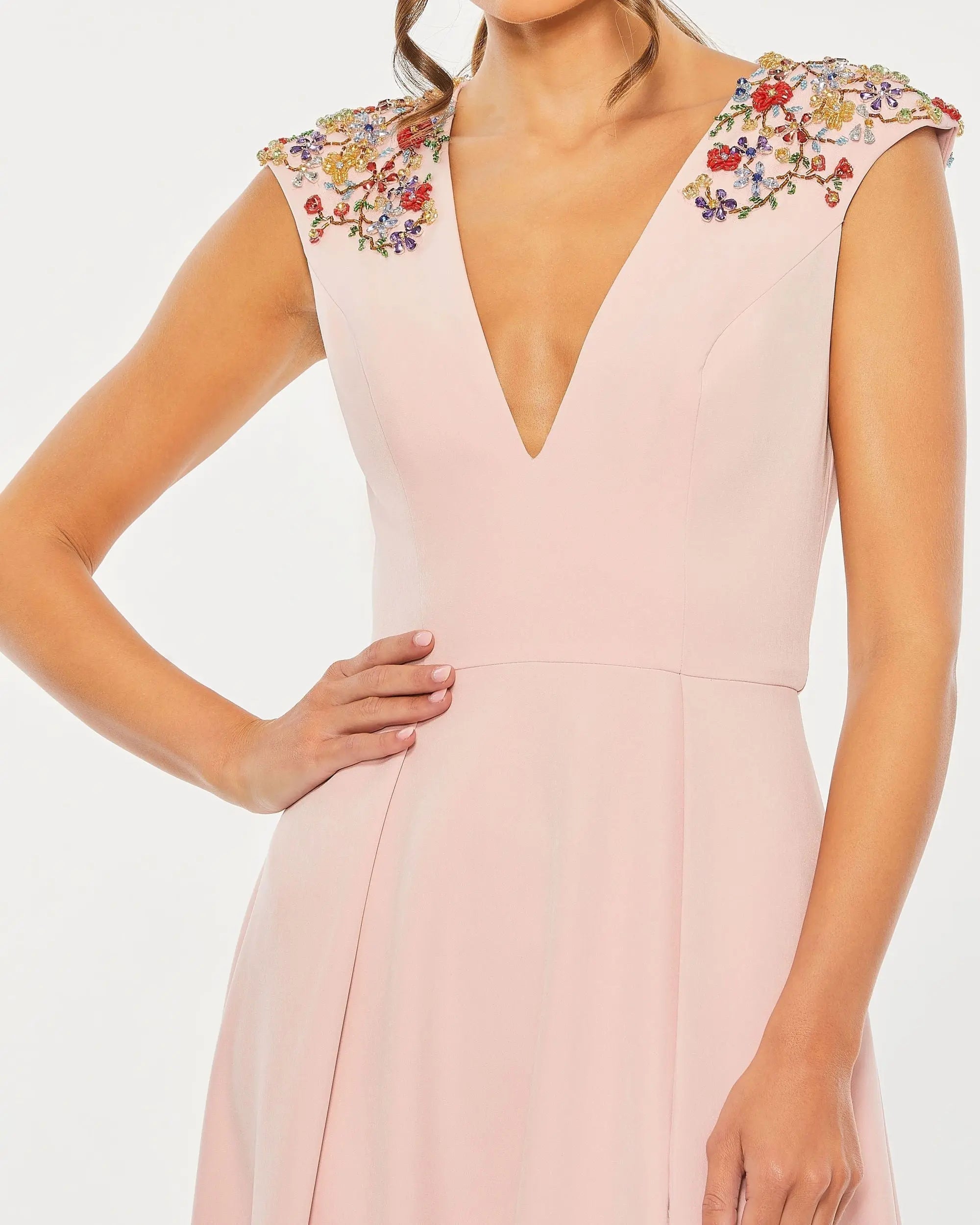 Pink Beaded Cap Sleeve V Neck A Line Gown