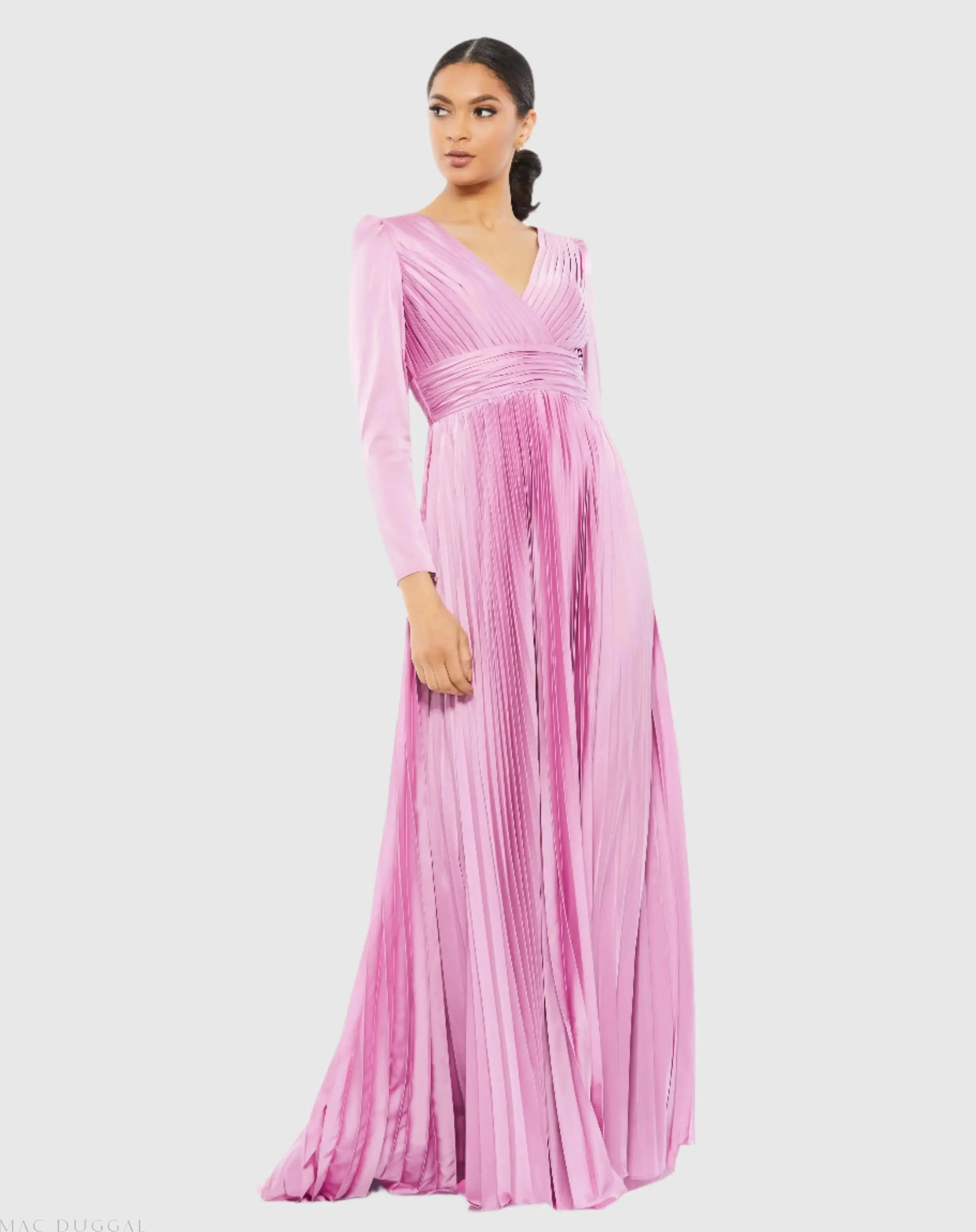 Pleated Long Sleeve V-Neck Gown