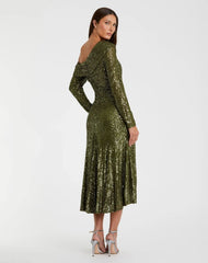 Green One Shoulder Sequin Long Sleeve Midi Dress