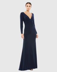 Long Sleeve Ruched Jersey V-Neck Gown