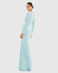 Blue Long Sleeve Ruched Jersey V-Neck Gown