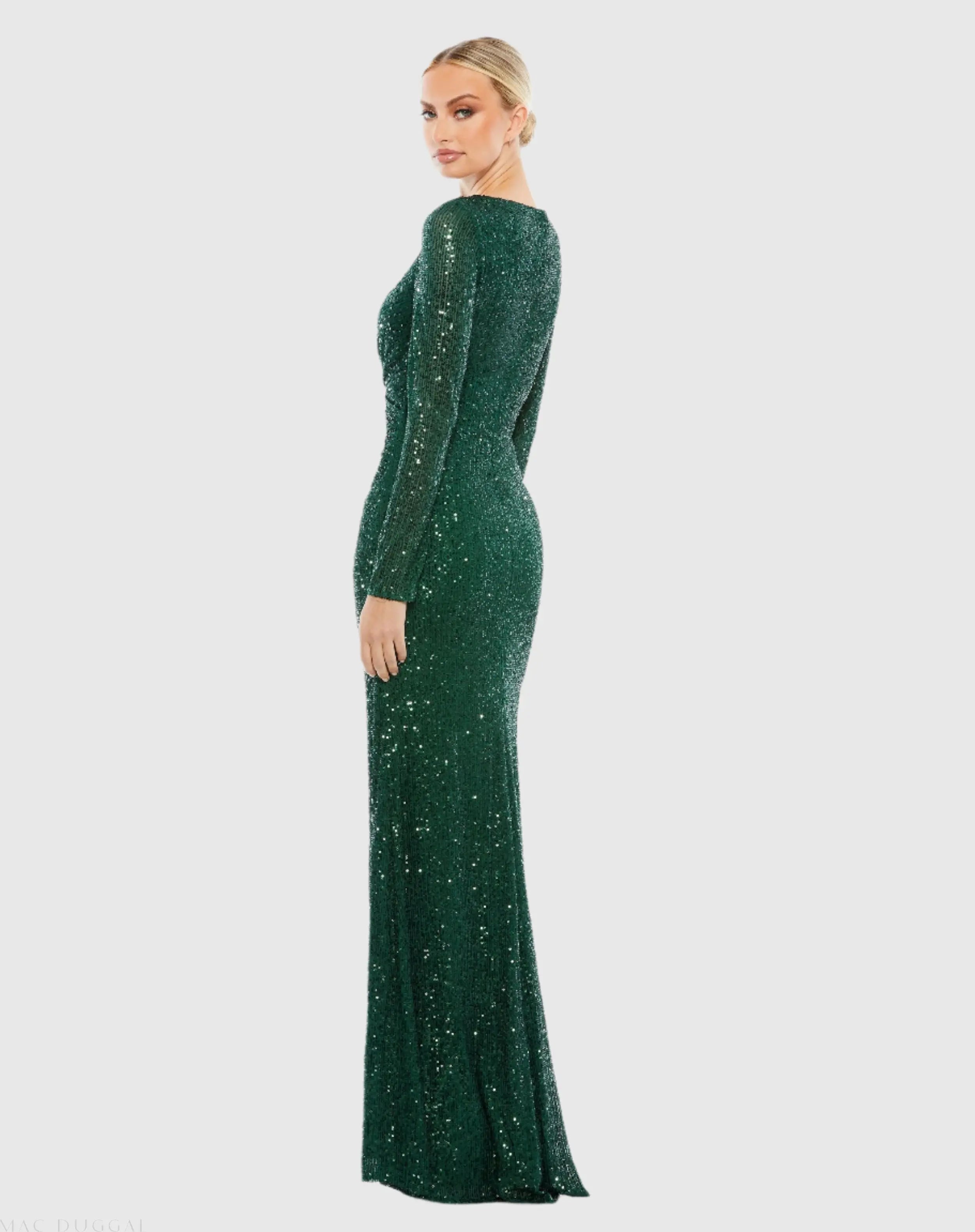 Green Sequined Faux Wrap Long Sleeve Column Gown