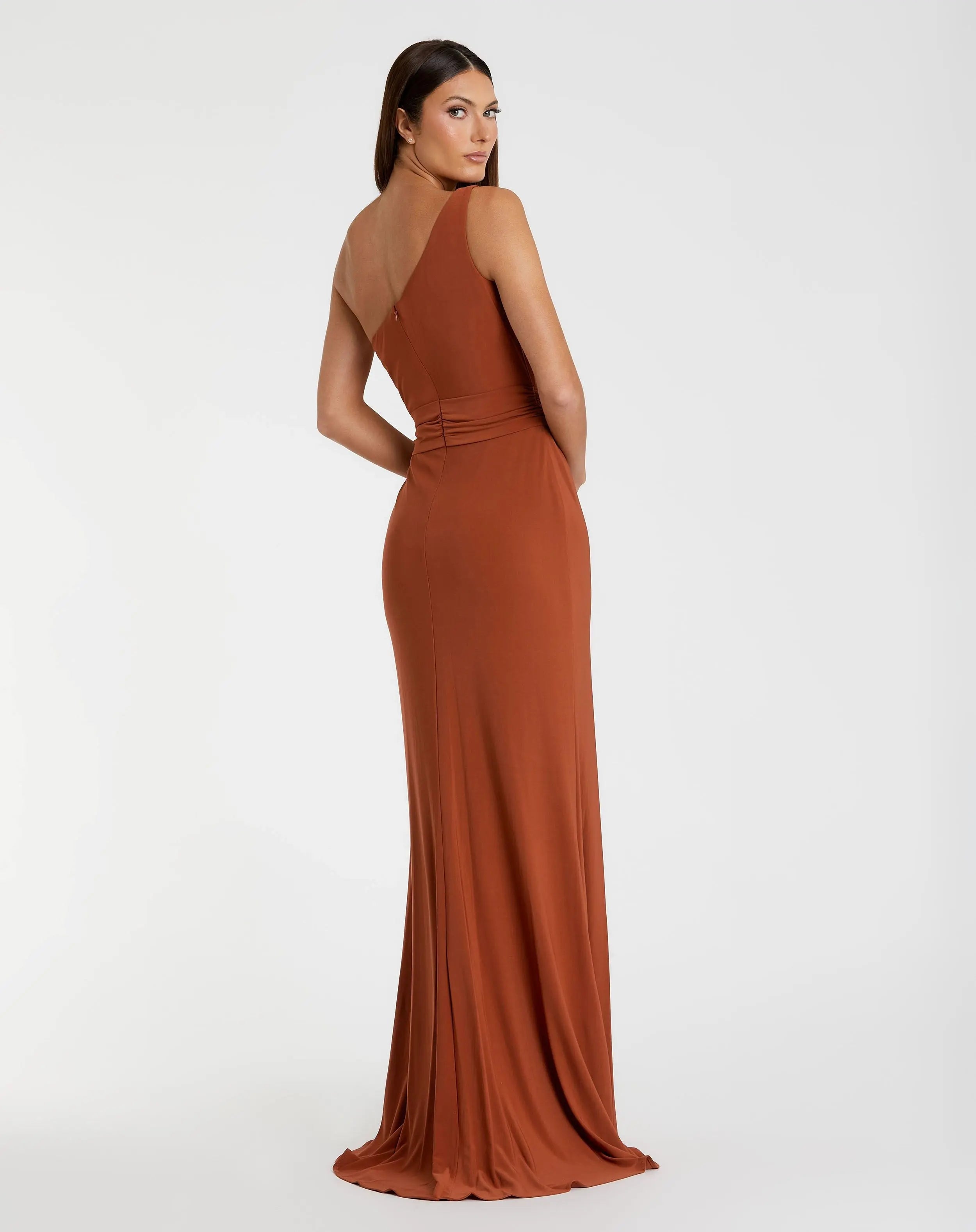 Orange Jersey One Shoulder Belted Trumpet Gown