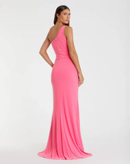 Pink Jersey One Shoulder Belted Trumpet Gown
