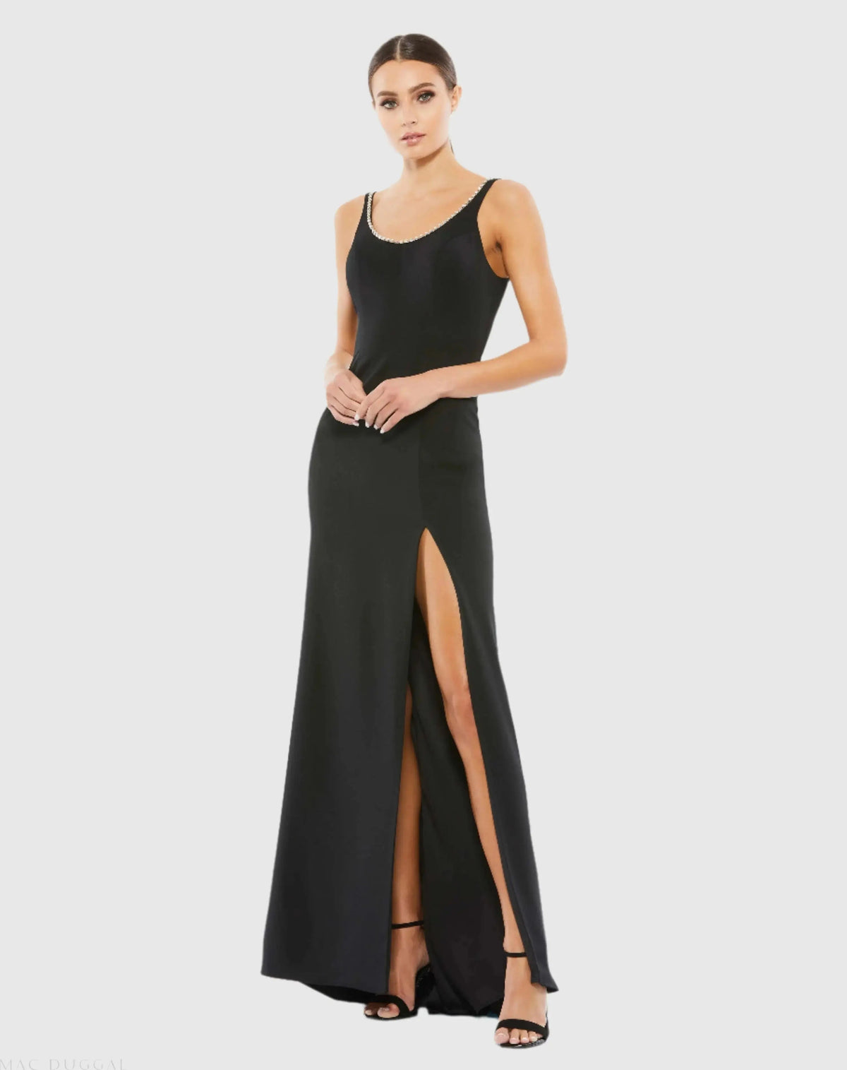 Black Sleeveless Crystal Scoop Neckline Column Gown with High Slit