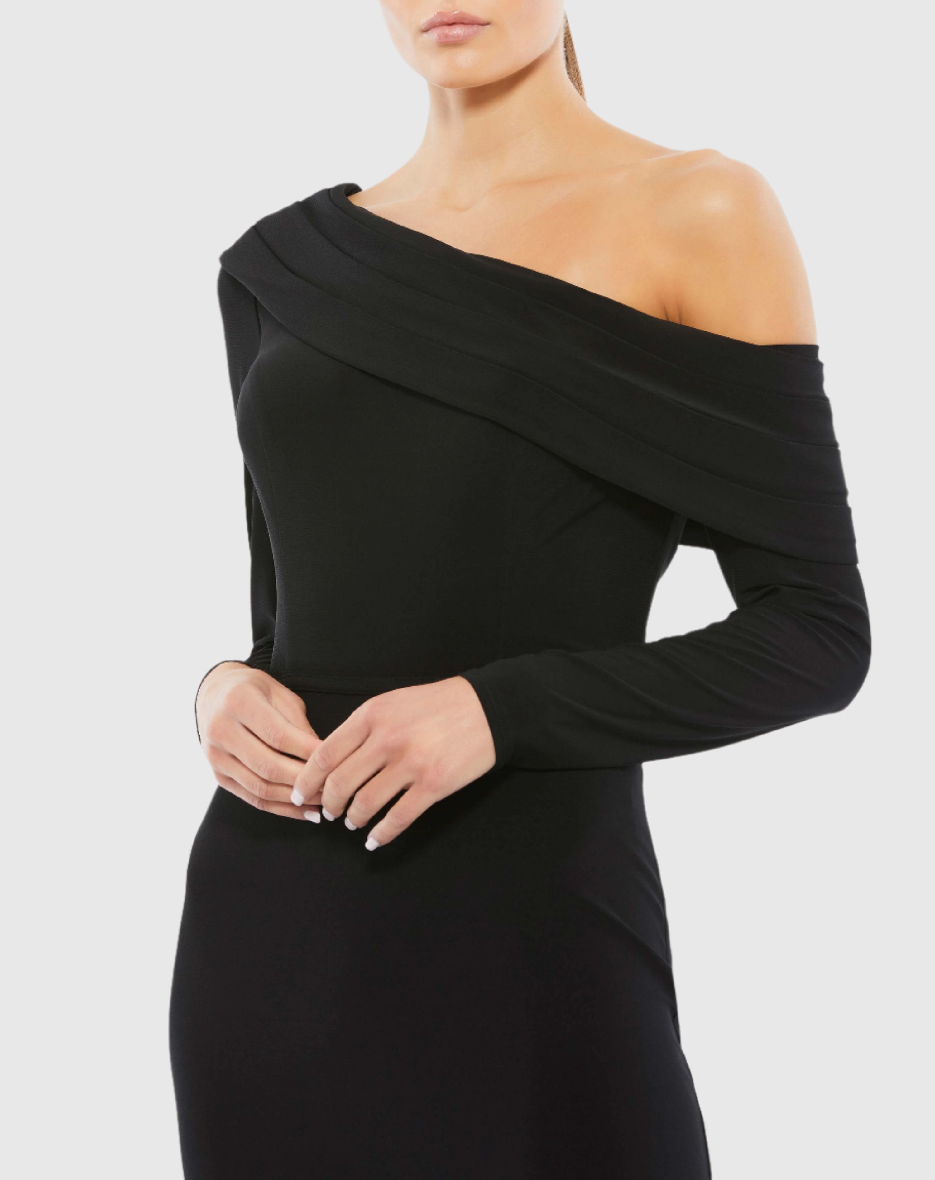 Black Drop Shoulder Long Sleeve Column Gown