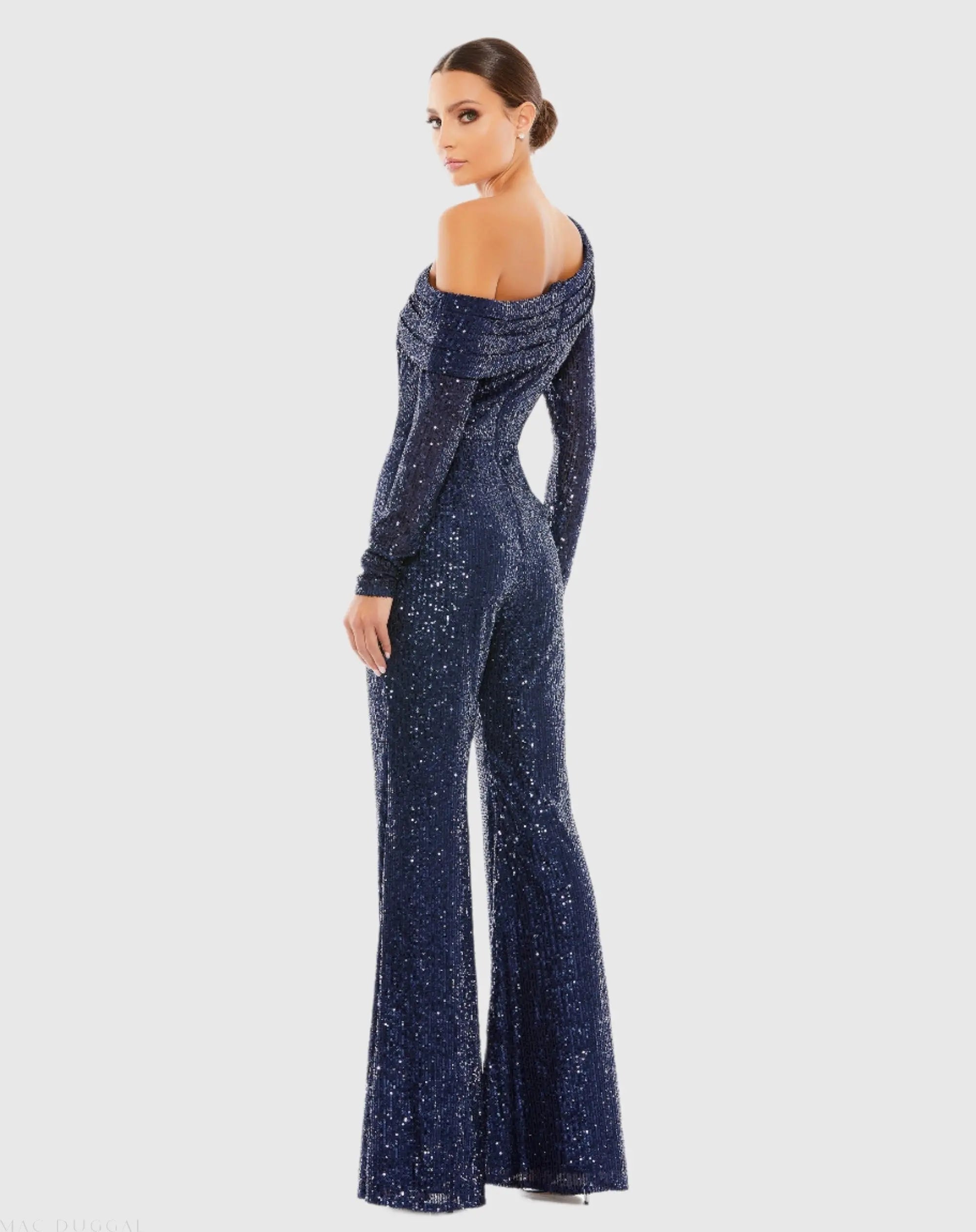 Blue Sequined Drop Shoulder Long Sleeve Jumpsuit