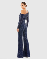 Blue Sequined Drop Shoulder Long Sleeve Jumpsuit