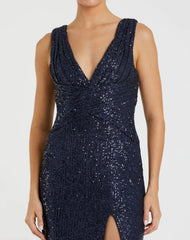 Navy V-Neck Sequin Wrap Waist Gown