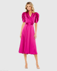 Pink Satin Lapel Puff Sleeve Tea Length Dress