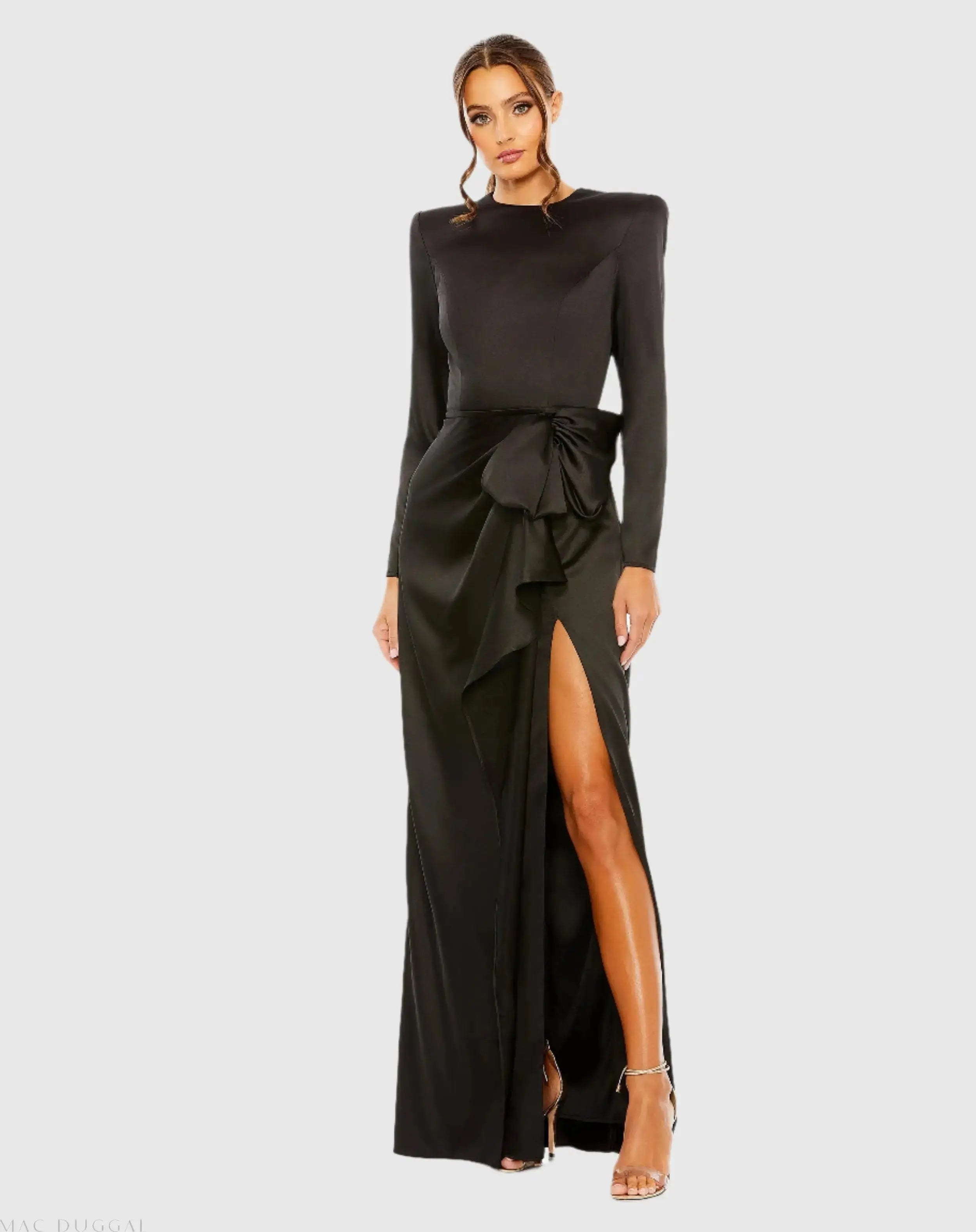 Long Sleeve Structured Satin Bow Draped Column Gown