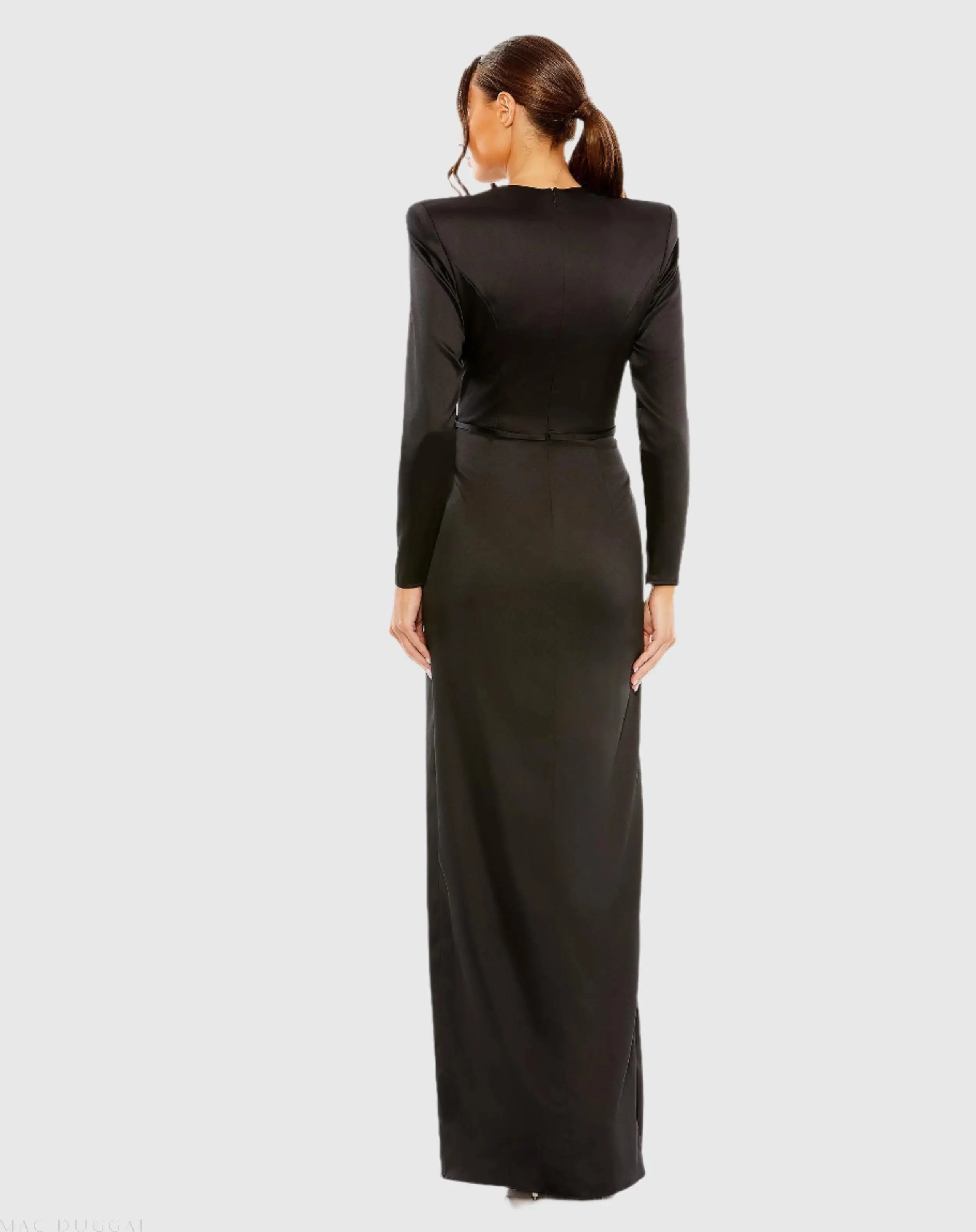Black Long Sleeve Satin Structured Bow Draped Column Gown