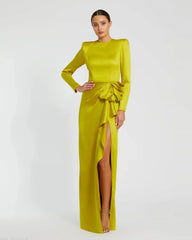 Long Sleeve Structured Satin Bow Draped Column Gown