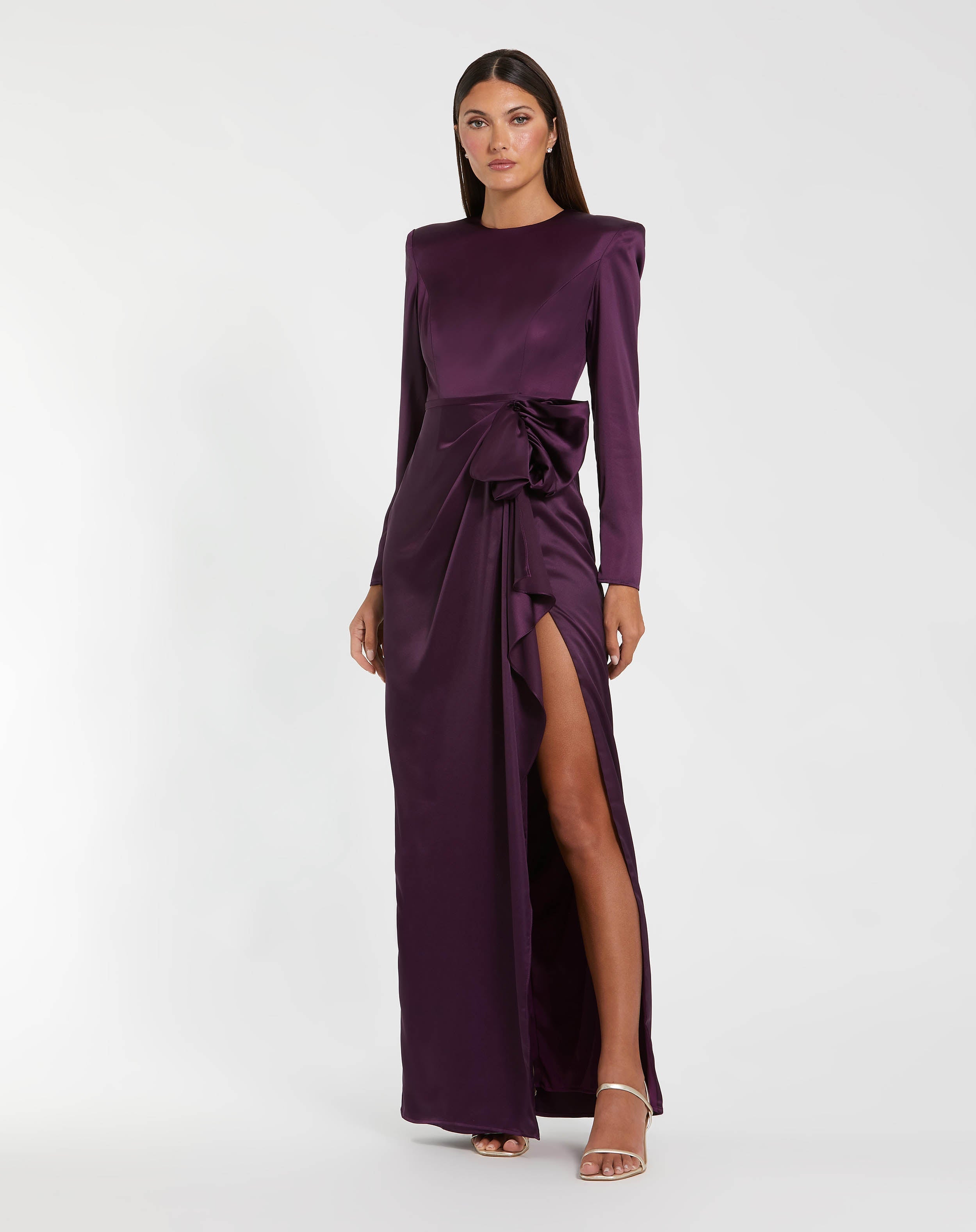 Long Sleeve Structured Satin Bow Draped Column Gown