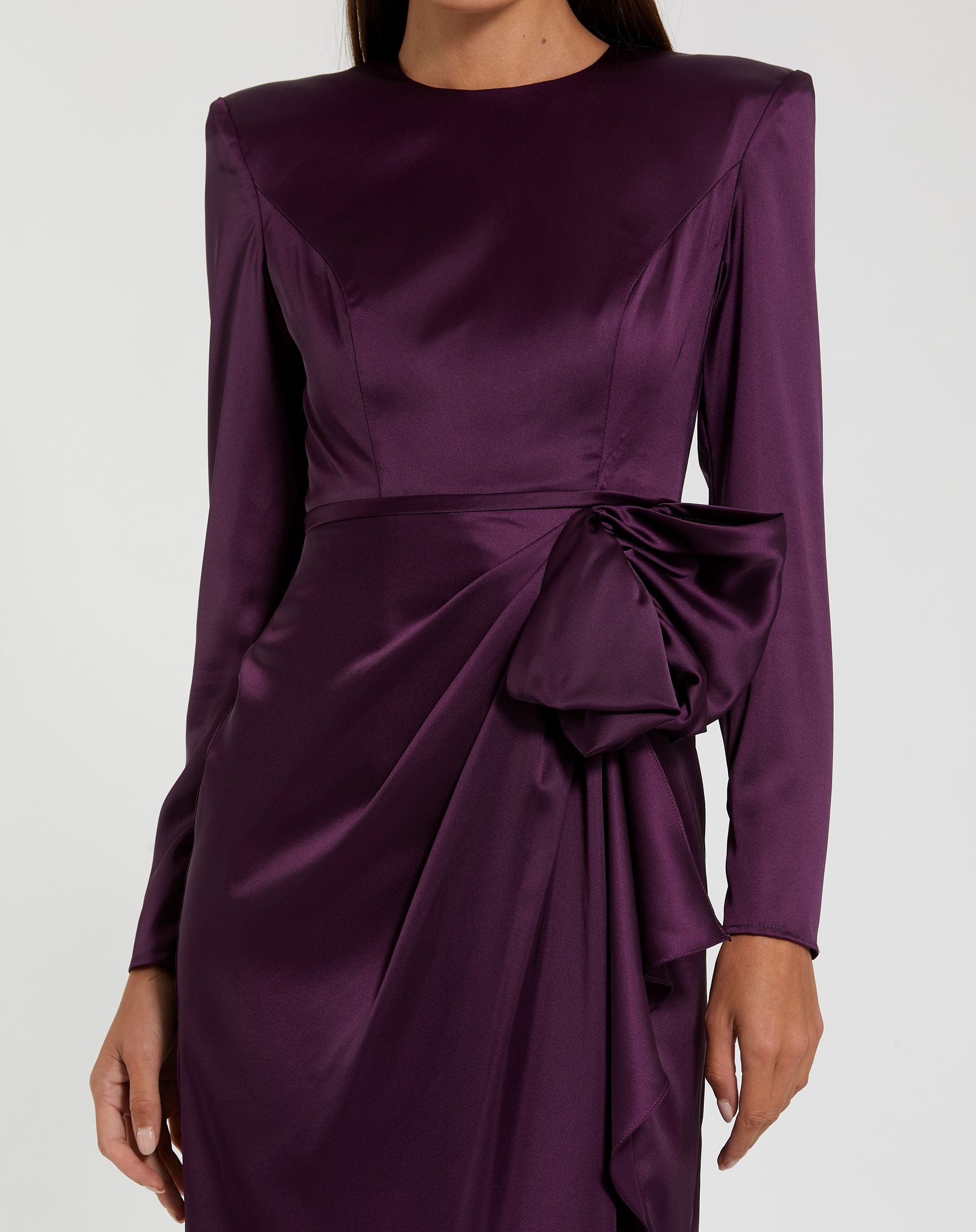 Purple Long Sleeve Structured Bow Draped Column Gown
