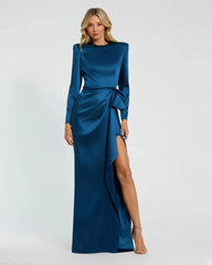 Blue Long Sleeve Satin Structured Bow Draped Column Gown