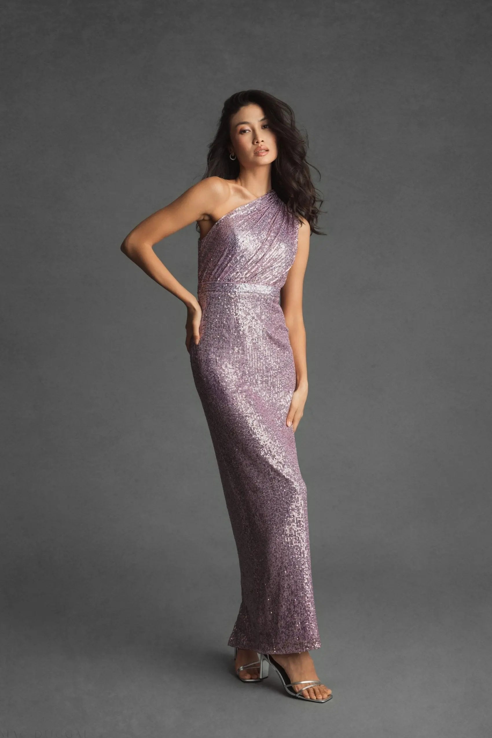 Purple Sequined Ruched One Shoulder Gown