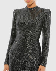Black and Silver High Neck Long Sleeve Two Tone Mini Dress