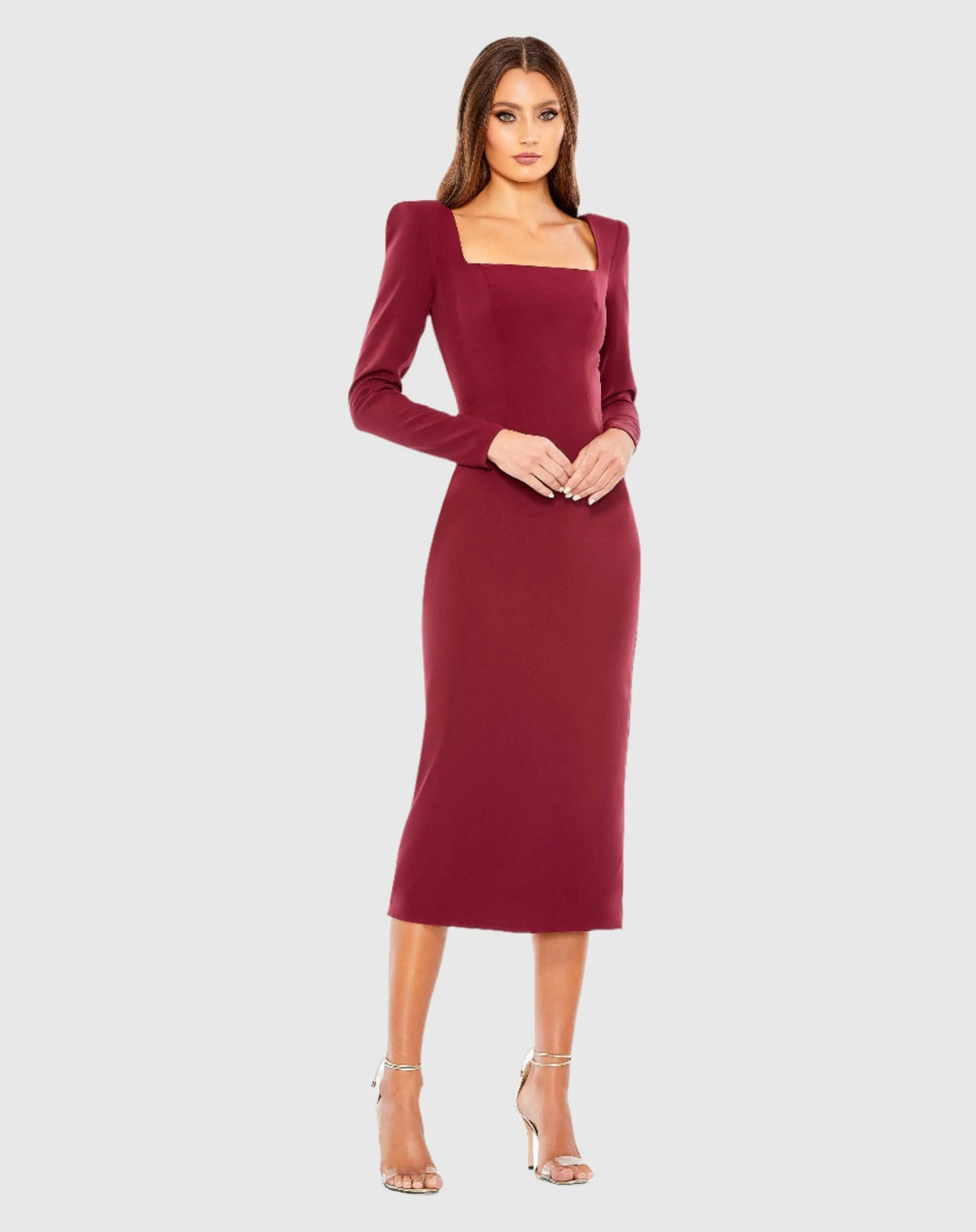 Red Square Puff Shoulder Long Sleeve Midi Dress