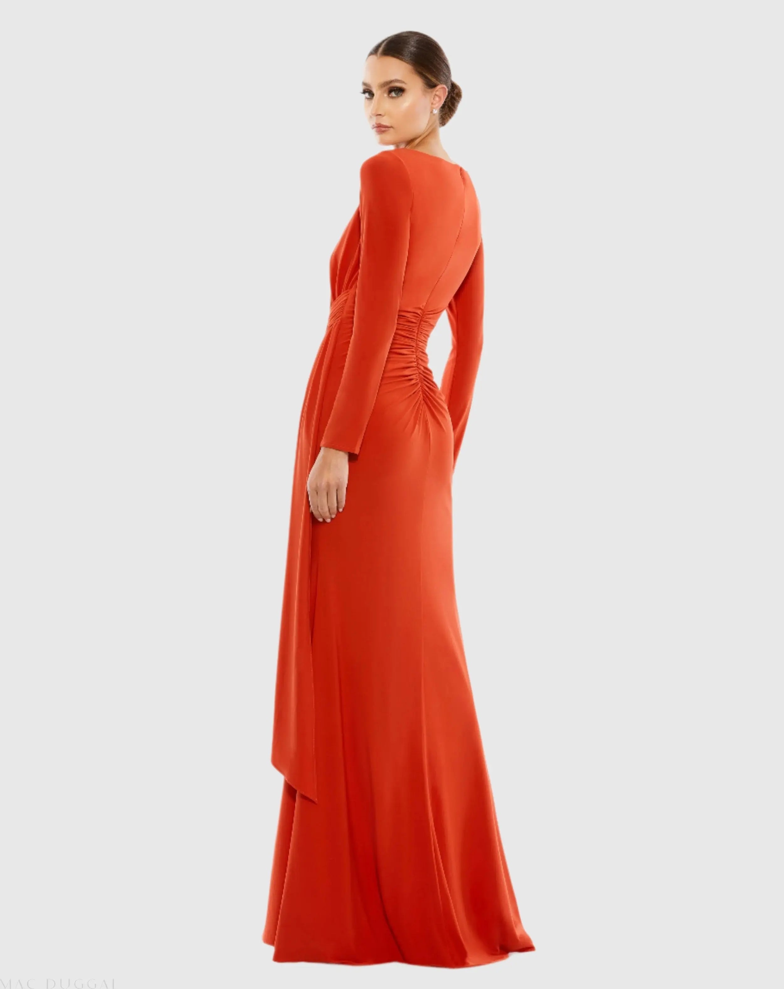 Orange Ruched Long Sleeve Cowl Neck Gown