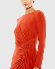 Orange Ruched Long Sleeve Cowl Neck Gown