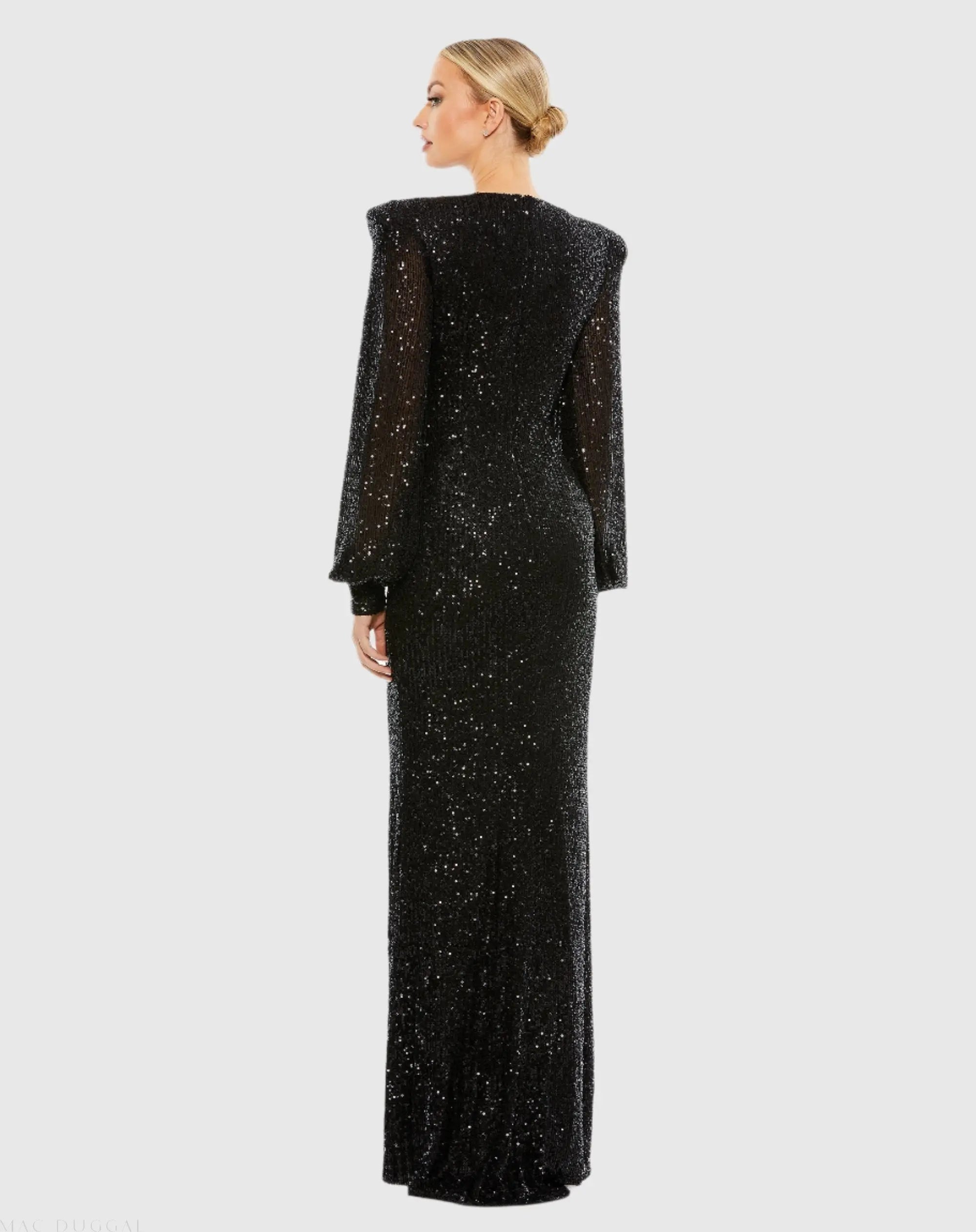 Black Sequined Plunge Neck Structured Bishop Sleeve Gown