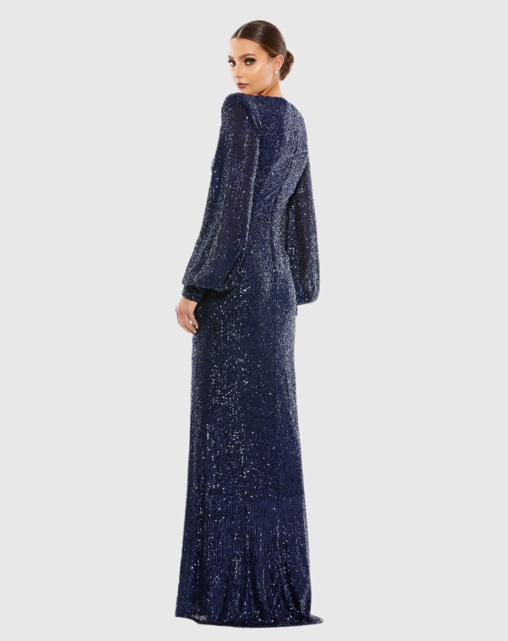 Navy Sequined Plunge Neck Structured Bishop Sleeve Gown