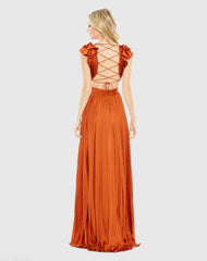 Dark Orange Pleated Ruffled Cap Sleeve Cut Out Lace Up Gown