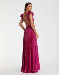 Fuchsia Pleated Ruffled Cap Sleeve Cut Out Lace Up Gown - FINAL SALE