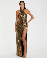 Gold Metallic Criss Cross Halter Neck Gown