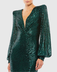 Green Sequined Structured Bishop Sleeve Midi Dress