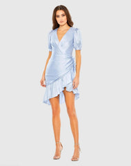 Short Puff Sleeve Faux Wrap Mini Dress