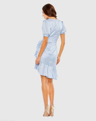 Blue Short Puff Sleeve Faux Wrap Mini Dress