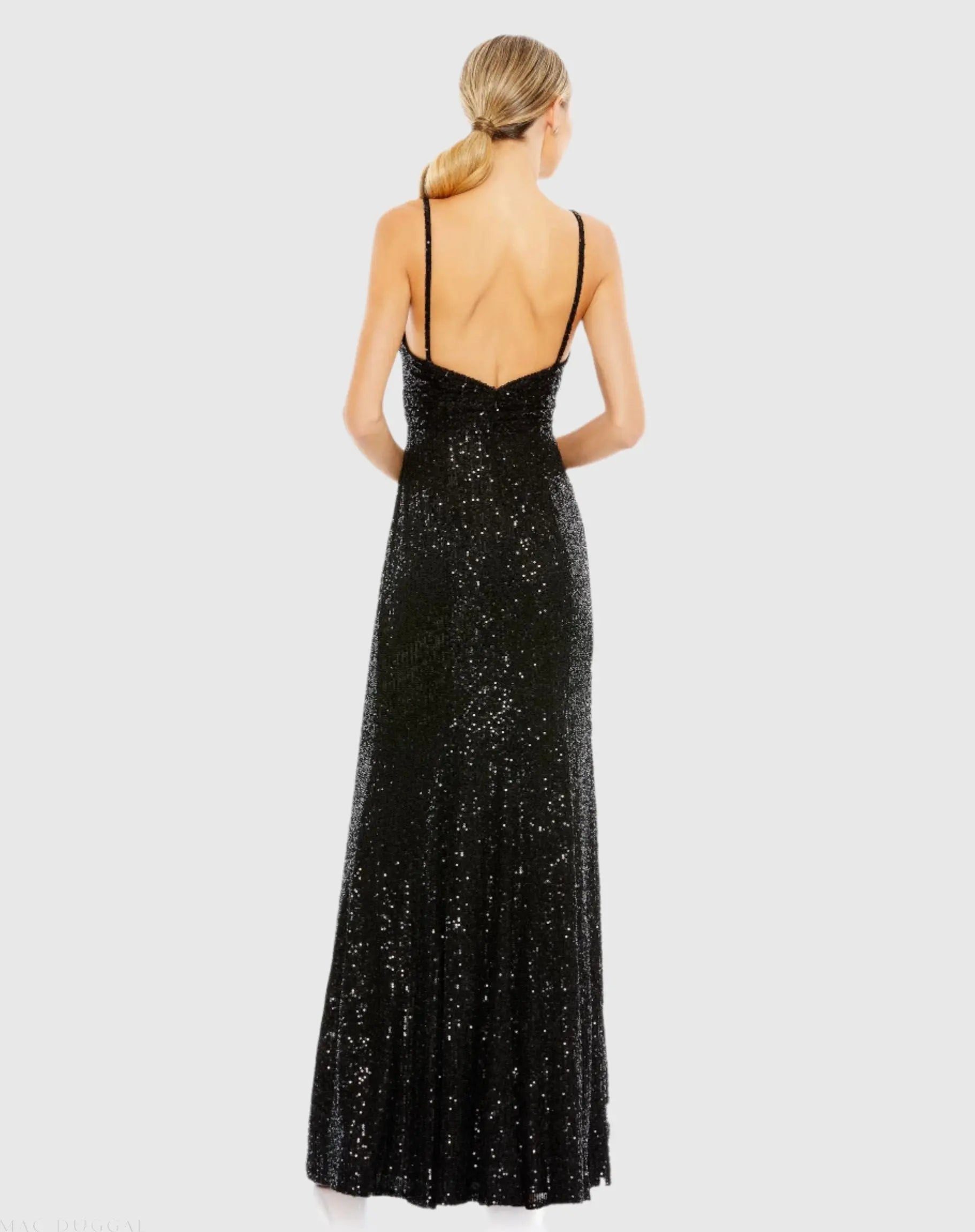 Black Sequined Draped V Neck Gown