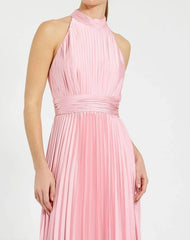Pink Pleated High Neck Satin Sleeveless Halter Gown