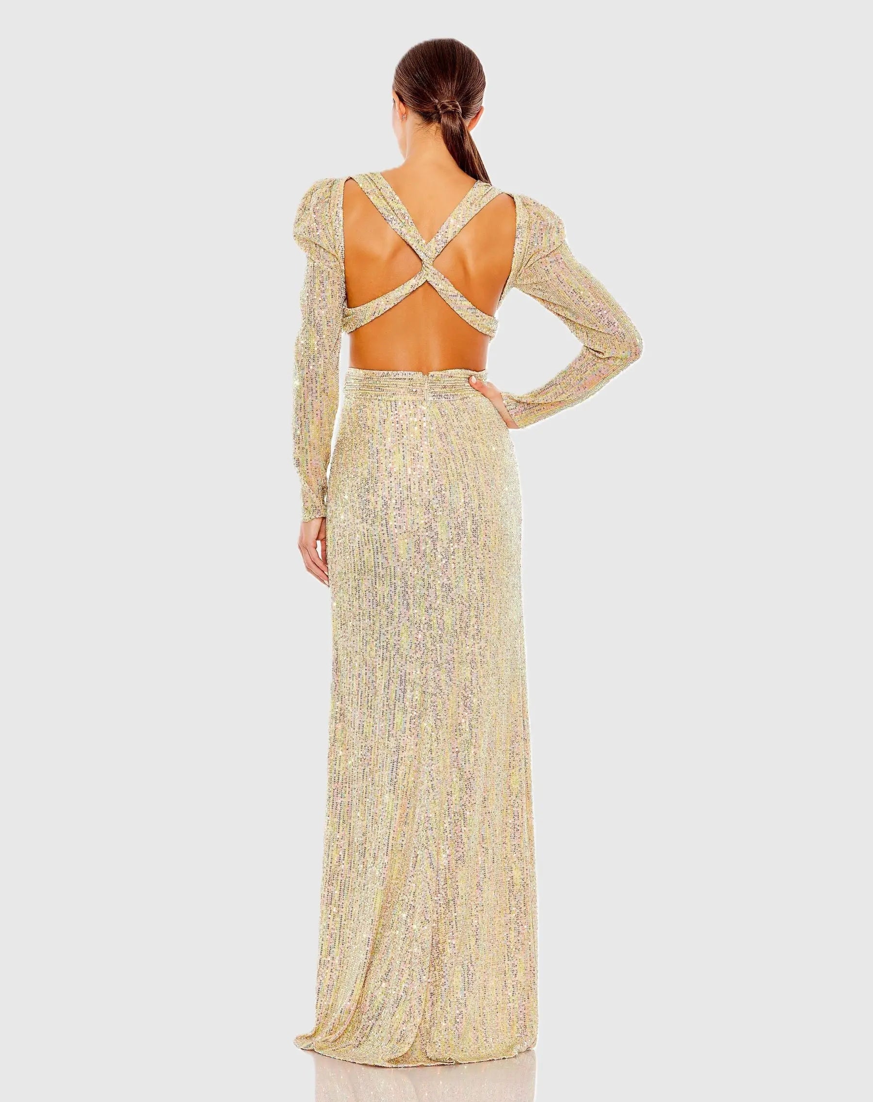 Gold Metallic Puff Sleeve Front Twist Cut Out Gown