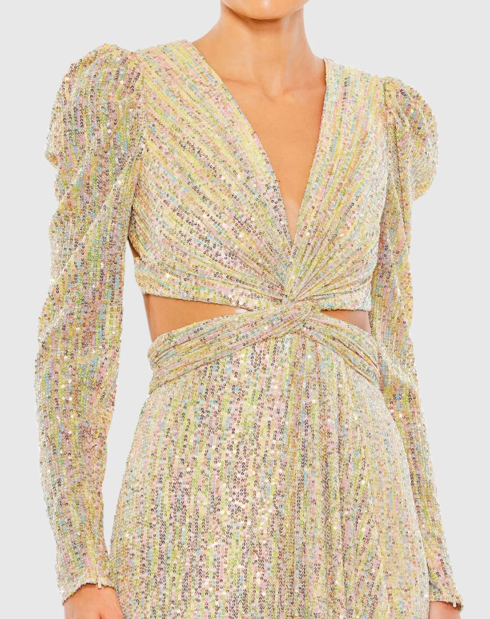 Gold Metallic Puff Sleeve Front Twist Cut Out Gown