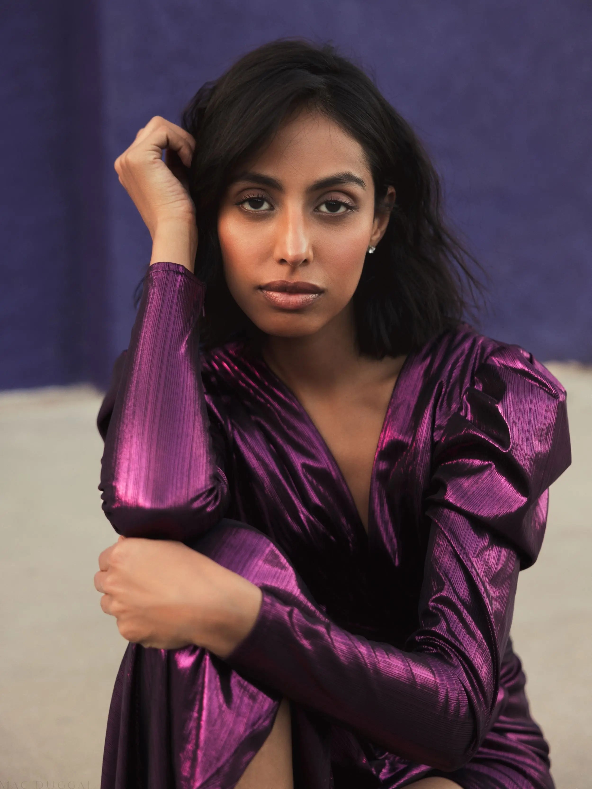 Purple Princess Sleeve Cut Out Metallic Gown