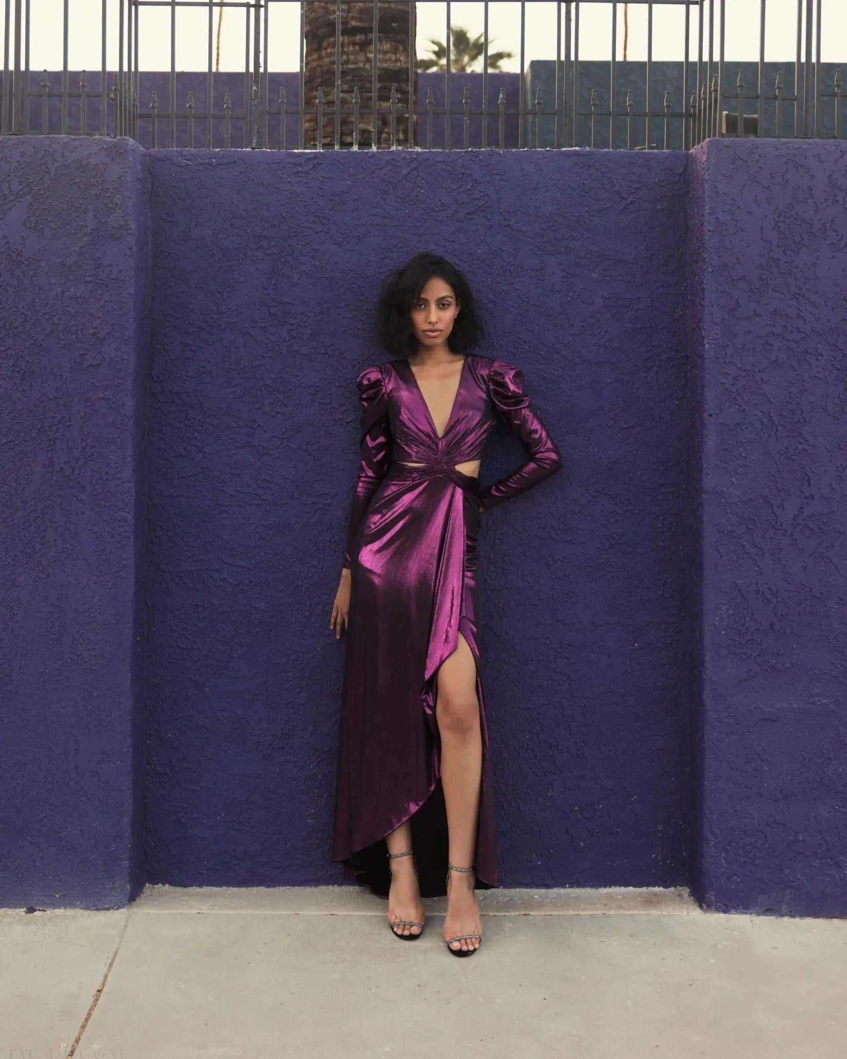 Purple Princess Sleeve Cut Out Metallic Gown