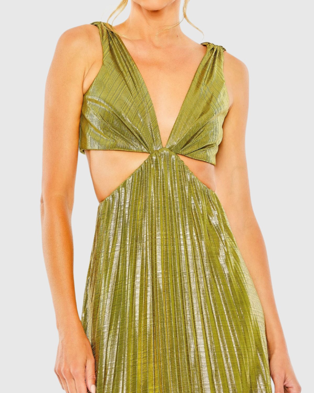 Green Pleated Metallic Cutout Gown