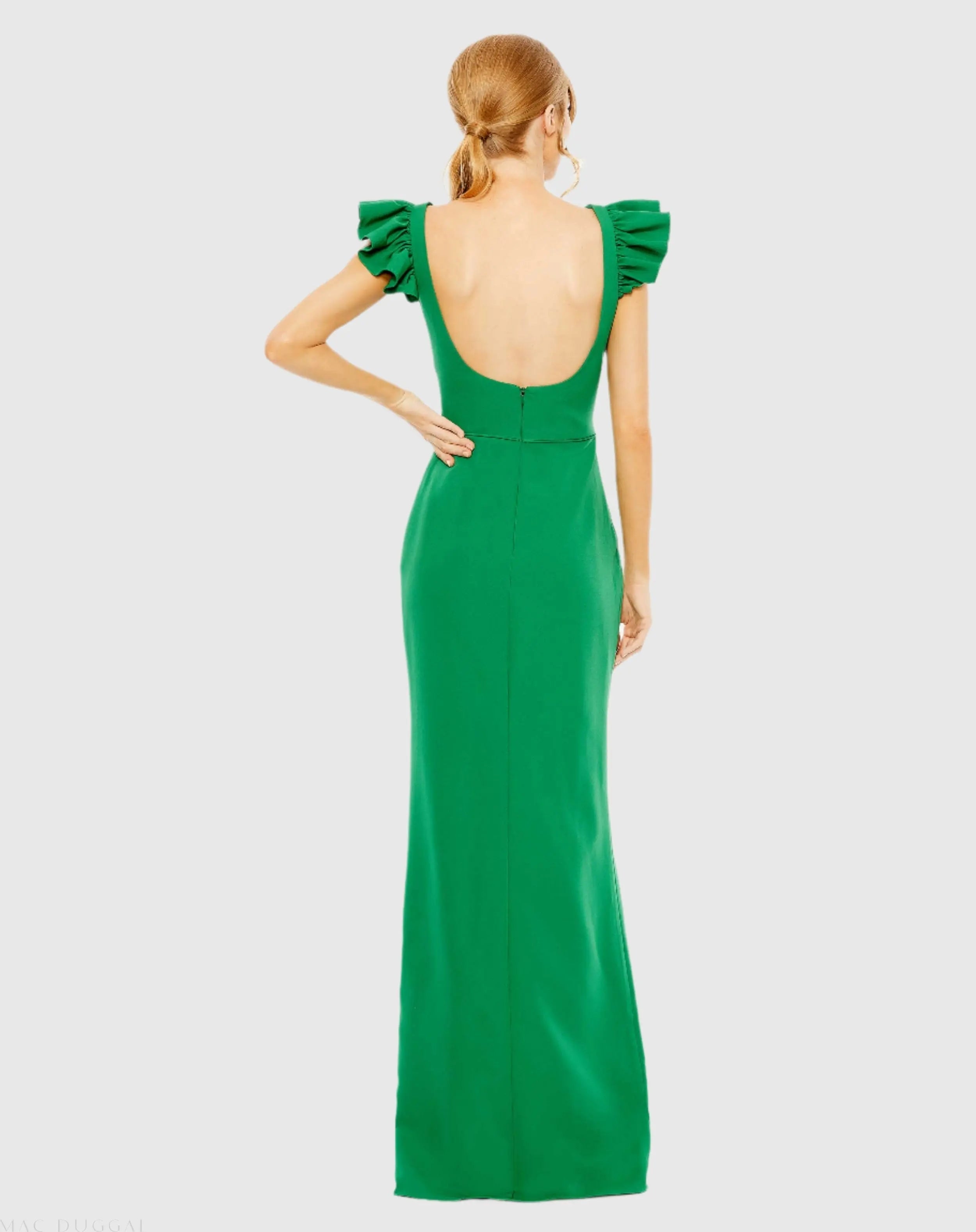 Green Ruffle Cap Sleeve Open Back Column Gown