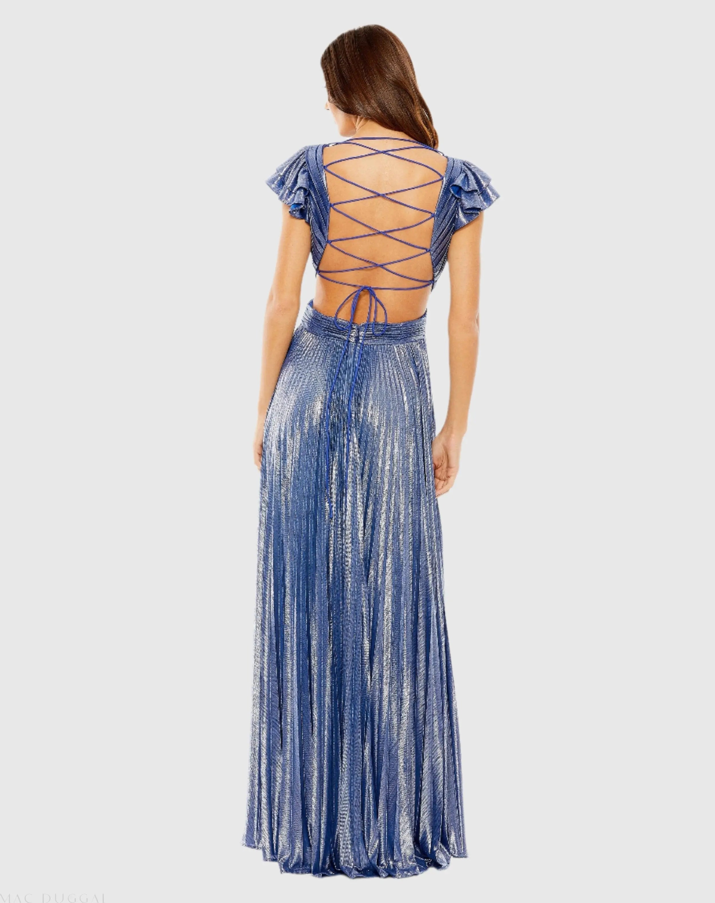 Blue Ruffle Sleeve Cutout Pleated Metallic Gown