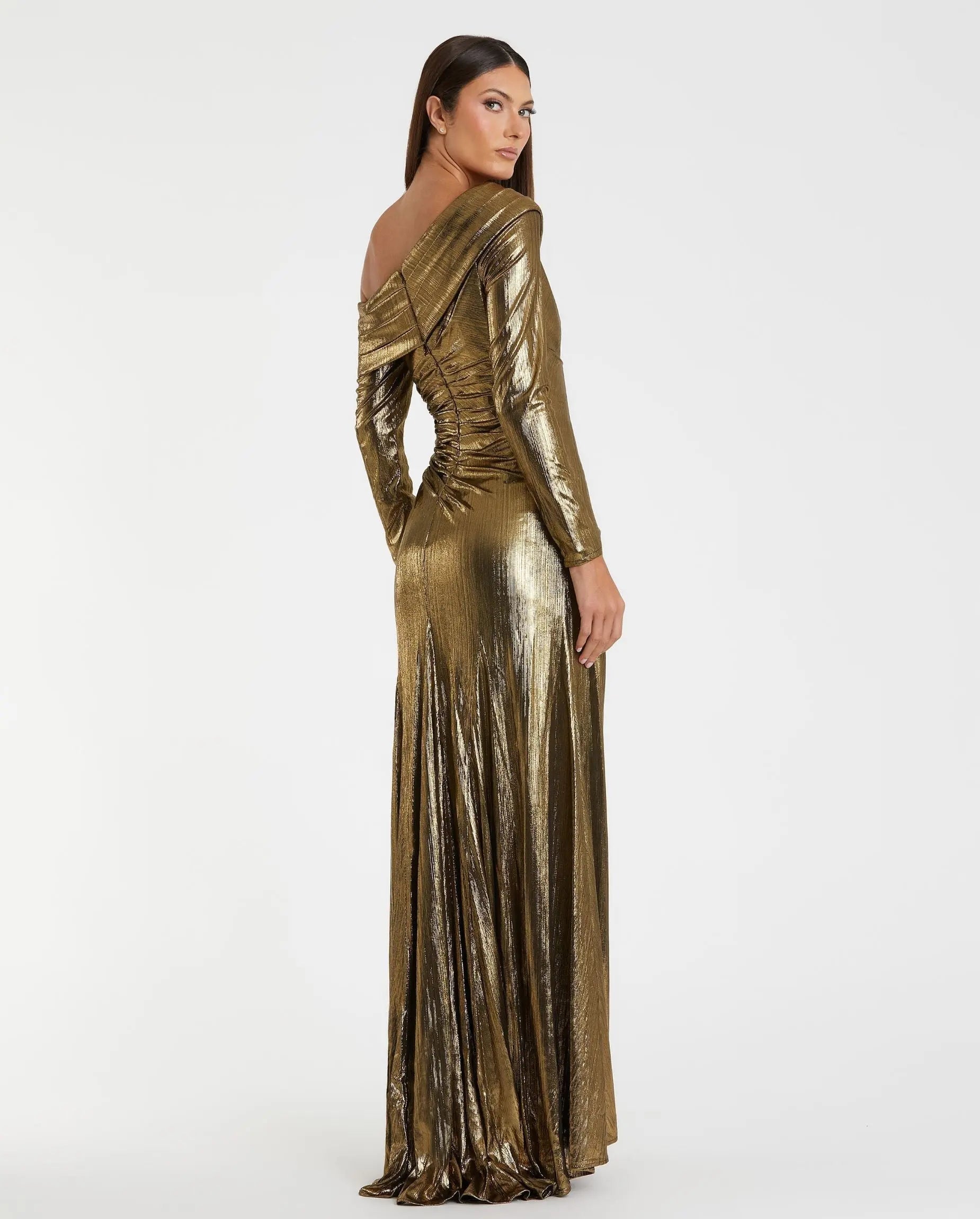 Gold Long Sleeve Off the Shoulder Metallic Gown