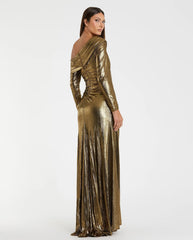 Gold Long Sleeve Off the Shoulder Metallic Gown