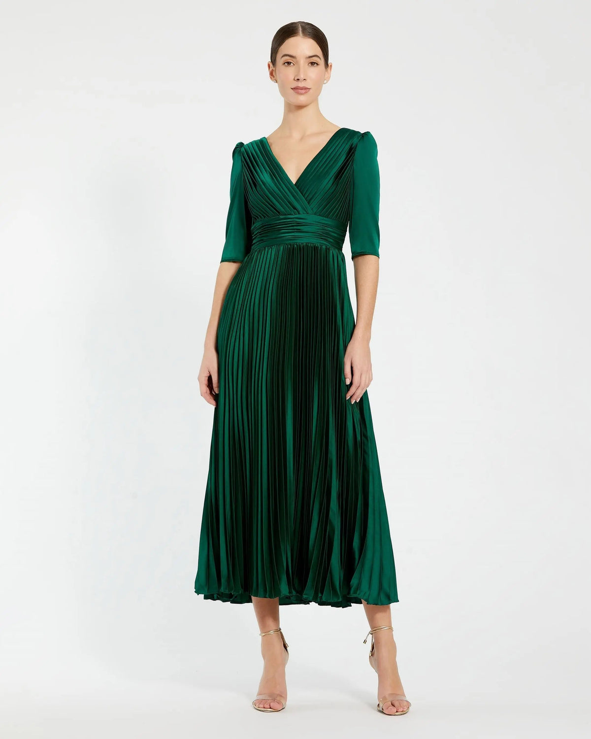Green Quarter Sleeve V Neck Heat Pleated Dress