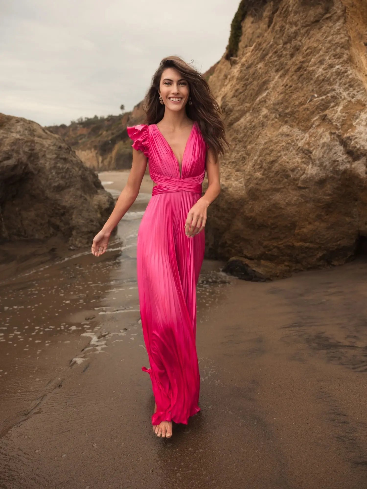 Pink Ruffle Cap Sleeve Cutout Heat Pleated Jumpsuit