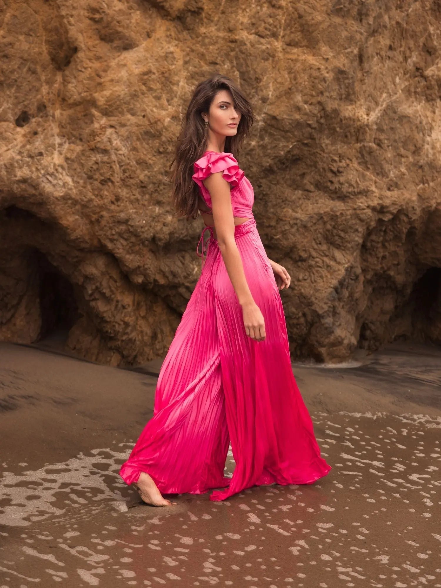 Pink Ruffle Cap Sleeve Cutout Heat Pleated Jumpsuit