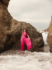 Pink Ruffle Cap Sleeve Cutout Heat Pleated Jumpsuit