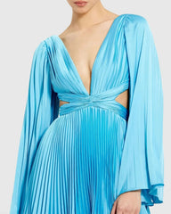 Blue Pleated V-Neck Cutout Long Sleeve Mini Dress